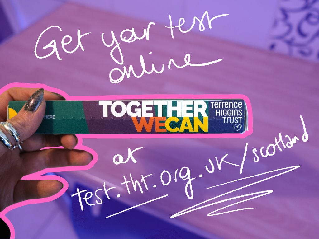 A person holding a promotional HIV testing kit branded with "Together We Can" and the Terrence Higgins Trust logo. The image includes handwritten text directing people to order tests online at "test.tht.org.uk/scotland."