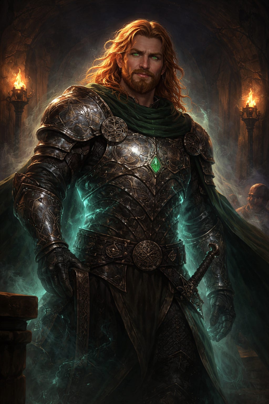 A tall Irish warrior spirit with long red-gold hair and a trimmed beard stands in a torch-lit stone chamber. He wears engraved Celtic armor with a glowing green gemstone at the center and a dark green cloak flowing behind him. A faint emerald aura surrounds him as ancient torches flicker against the shadowed council hall walls.