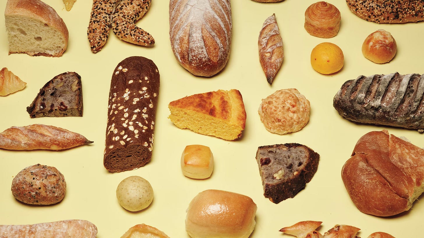 photo of many different types of breads on yellow background