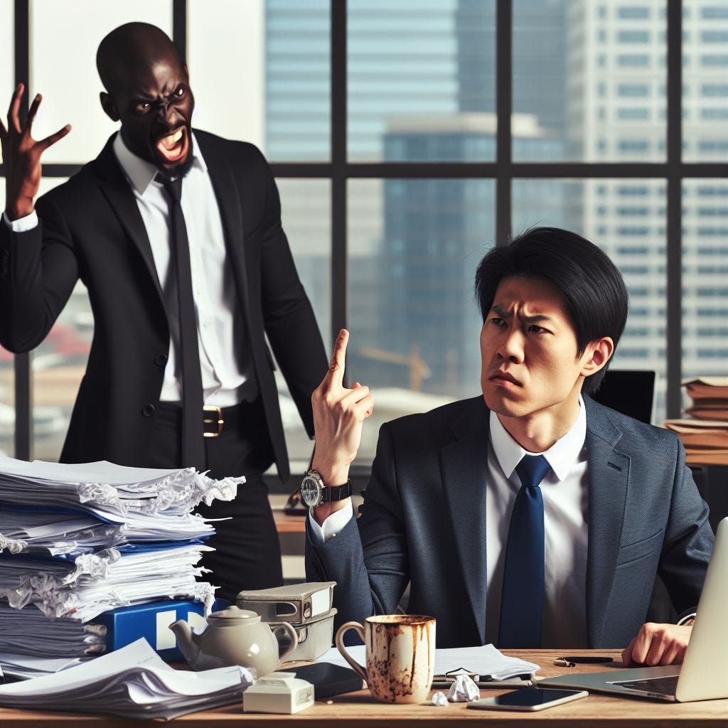 a white collar worker flipping off someone who is clearly their boss after they got asked to do one too many projects
