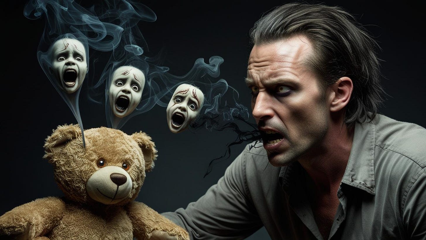 Man with haunted expression next to teddy bear as ghostly faces scream from dark smoke, representing consumed grief manifesting as horror Man with haunted expression next to teddy bear as ghostly faces scream from dark smoke, representing consumed grief manifesting as horror
