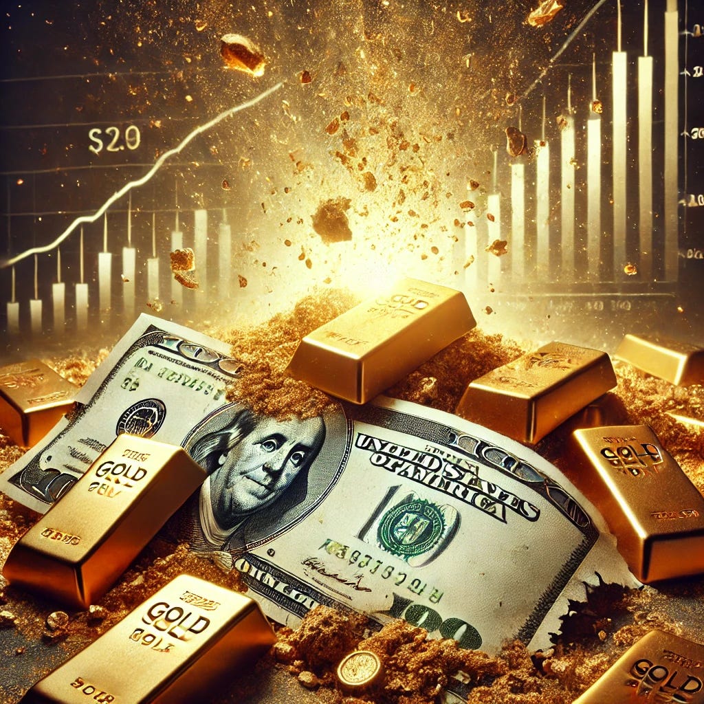 A conceptual image showing a crumbling U.S. dollar with gold bars rising in the background. The dollar appears to be disintegrating into dust, while gold shines brightly, symbolizing the shift from fiat currency to a gold-backed system. The scene is dramatic, with a financial market graph subtly integrated.