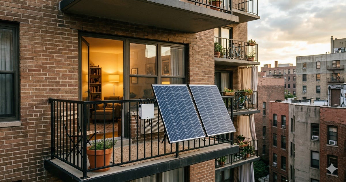 A plug-in balcony solar installation: no permits, no contractors, no utility approval required. The same technology has 1 million deployments in Germany with a zero-incident safety record.