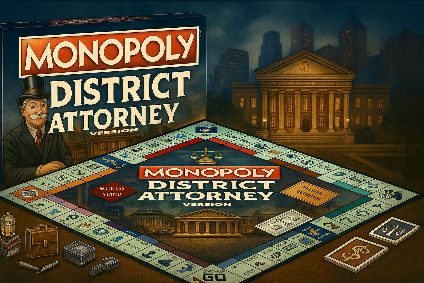 Illustrated parody of a Monopoly board game titled “District Attorney Version,” with courthouse imagery, gavels, scales of justice, and game squares labeled with legal processes like pretrial detention and witness stand, symbolizing prosecutorial control of a rigged justice system. Illustrated parody of a Monopoly board game titled “District Attorney Version,” with courthouse imagery, gavels, scales of justice, and game squares labeled with legal processes like pretrial detention and witness stand, symbolizing prosecutorial control of a rigged justice system.