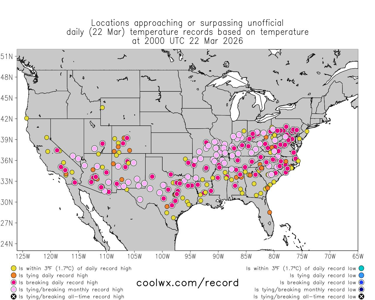 Map of U.S., from coolwx.com, showing locations currently experiencing record-breaking temperatures. There are countless such locations across the southern tier of the U.S., with hundreds of red...