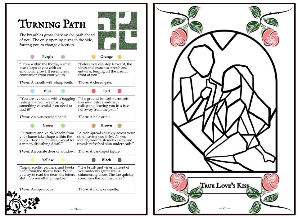 Two interior pages from "A Dream of Thorns and Roses." The first page is titled "Turning Paths" and features the color prompts for a pathway tile that turns the route 90 degrees. The second image is a Dream Window illustration titled "True Loves Kiss". It depicts two figures leaning in for a kiss in a stained-glass style.