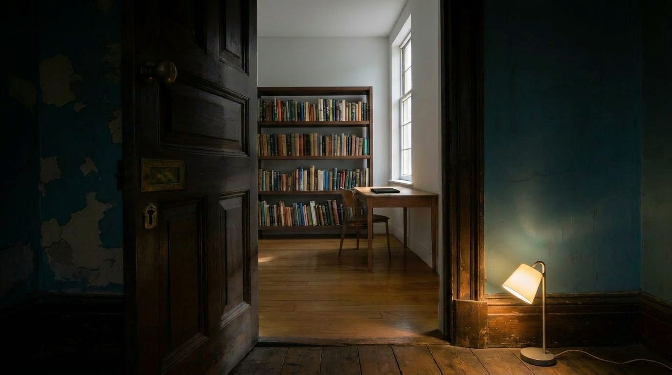 Two adjacent spaces shown in contrast: an older enclosed dark room on the left with a partially open door, and a brighter newer room on the right with a large window, bookshelves, and a warm lamp glowing in the foreground.
