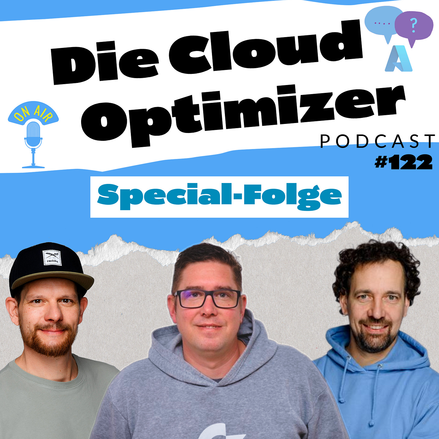 Podcast-Cover „Die Cloud Optimizer“ mit Matthias, Chris und Gast Joris Kahle – Special-Folge zu Microsoft AI Services.