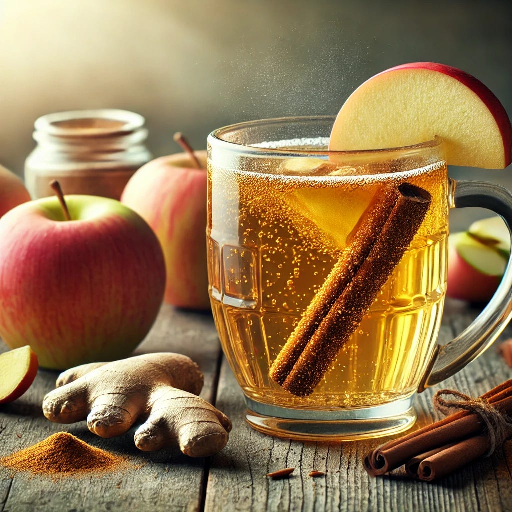 A cozy and realistic image of a warm apple ginger cider served in a clear glass mug. The mug is garnished with a cinnamon stick and apple slice on the rim. Surrounding the mug are fresh apples, grated ginger, and a pinch of cinnamon on a rustic wooden table. The background features soft, natural light streaming through, creating a comforting and inviting atmosphere.