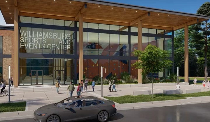 pictures of sports center construction, final look, and logo