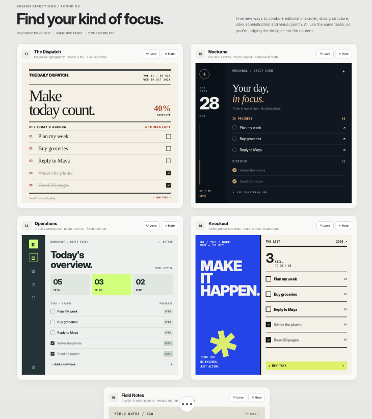 Five refined to-do app designs explore editorial layouts, including The Dispatch, Nocturne, Operations, and Knockout. Five refined to-do app designs explore editorial layouts, including The Dispatch, Nocturne, Operations, and Knockout.