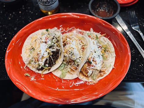 chips, salsa, beer, lime, bowl, plate, tacos