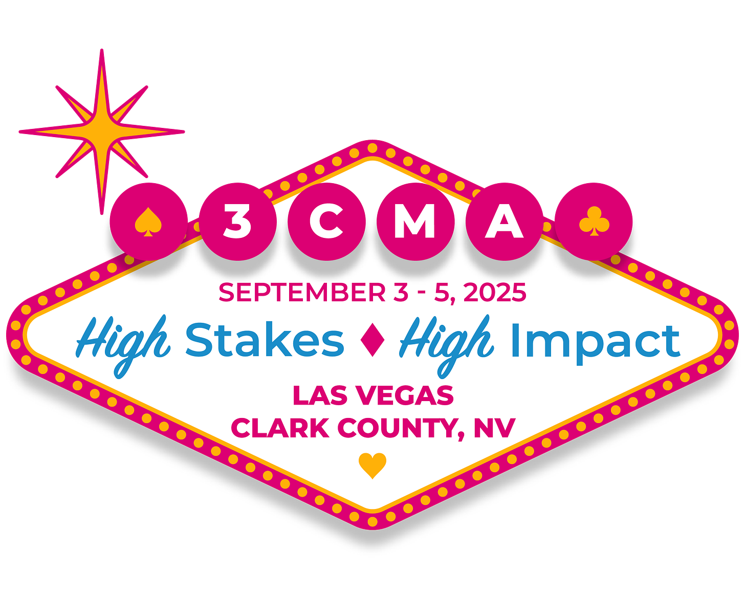 Promotional graphic for the 2025 3CMA Annual Conference. The top section features a stylized Las Vegas sign with the text: “3CMA – High Stakes ♦ High Impact – September 3-5, 2025 – Las Vegas, Clark County, NV.” The design includes icons of a heart, diamond, club, and spade.