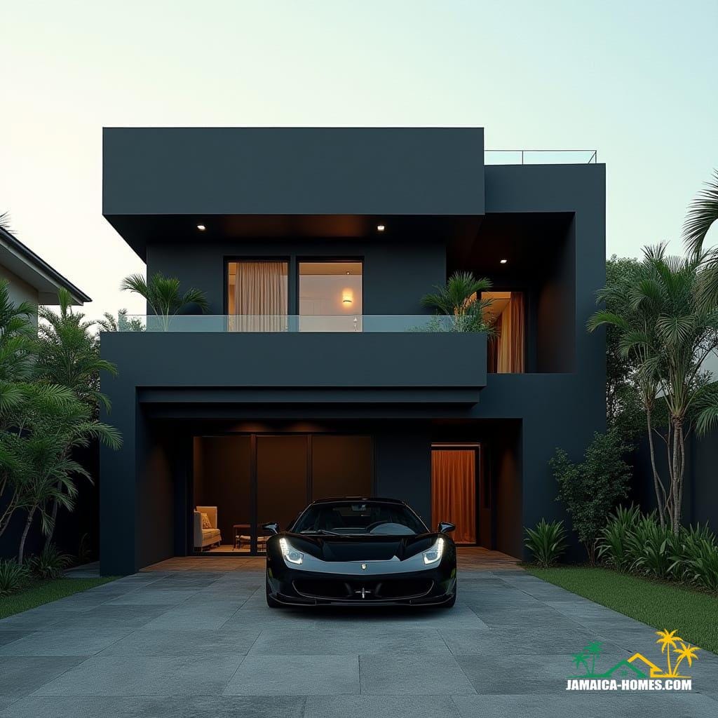 Modern Jamaican townhouse in Kingston, matte black, bold geometric forms, recessed windows, flat roof, protruding entrances, rooftop lounge and spa, geometric landscaping, luxury black supercar, cinematic film still, 35mm film grain, vignette, color graded, cinematic lighting, futuristic urban elegance, inspired by Syd Mead, Antoni Gaudí, and Zaha Hadid's sleek architecture, dramatic contrasts, atmospheric.


