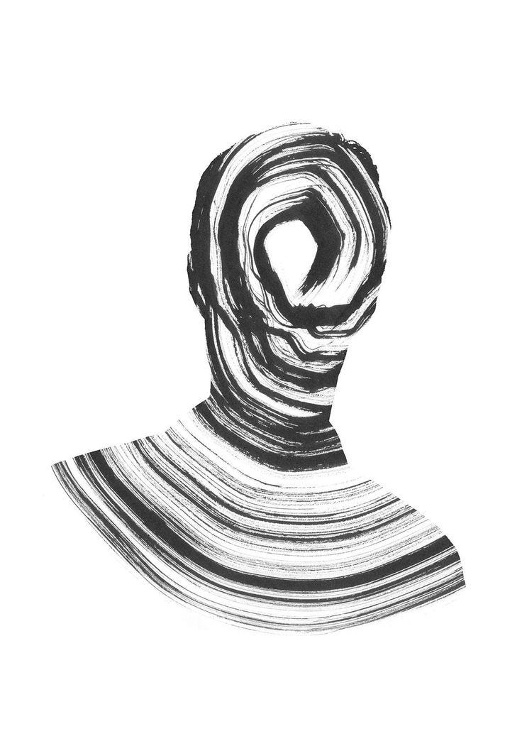 This may contain: a black and white drawing of a man's head with stripes on the side