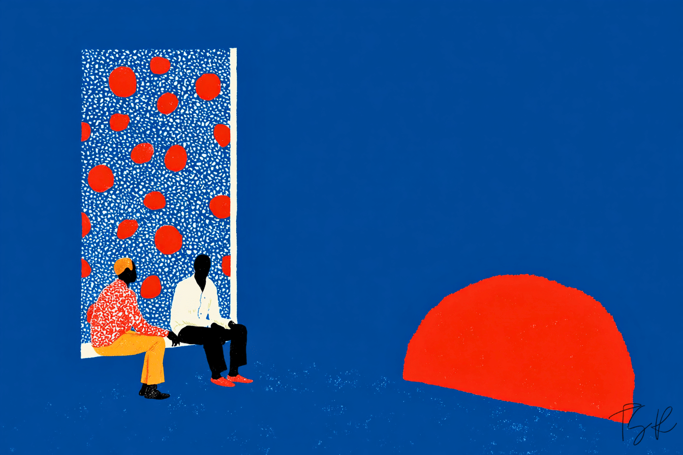 Surreal artwork in blue and red tones of two men on a window sill, one facing forward, the other seated beside him, their postures suggesting interaction. Surreal artwork in blue and red tones of two men on a window sill, one facing forward, the other seated beside him, their postures suggesting interaction.