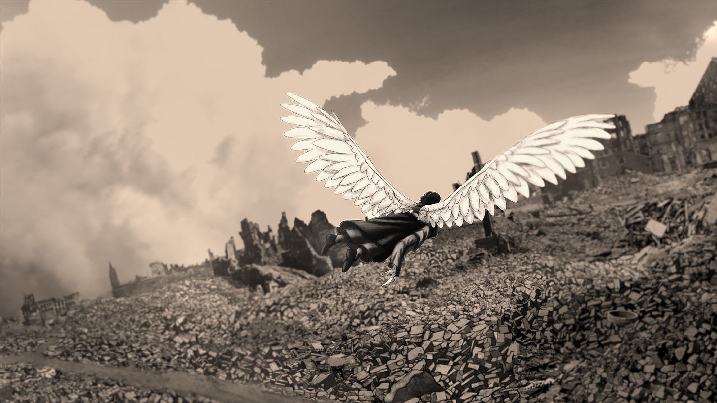 animation of angel with wings flies over rubble