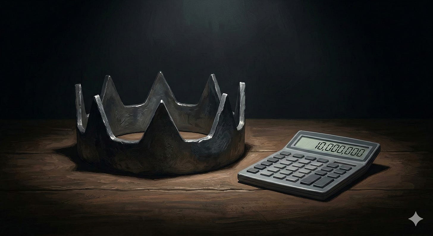 A dark metal crown rests on a wood surface beside a calculator displaying the number 10,000,000.