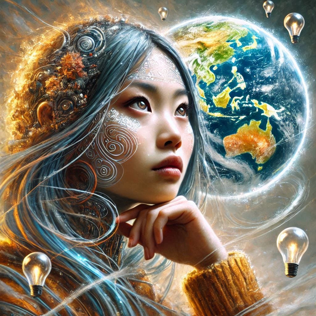 asian lady earth looking into 2025 for a fight and a bright future against climate change. make it look artsy