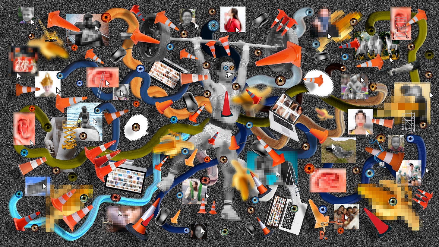 Collage depicting human-AI collaboration in content moderation. Multiple arms, screens, computer cursors and eyes highlight the extensive human labor involved. Collage depicting human-AI collaboration in content moderation. Multiple arms, screens, computer cursors and eyes highlight the extensive human labor involved.
