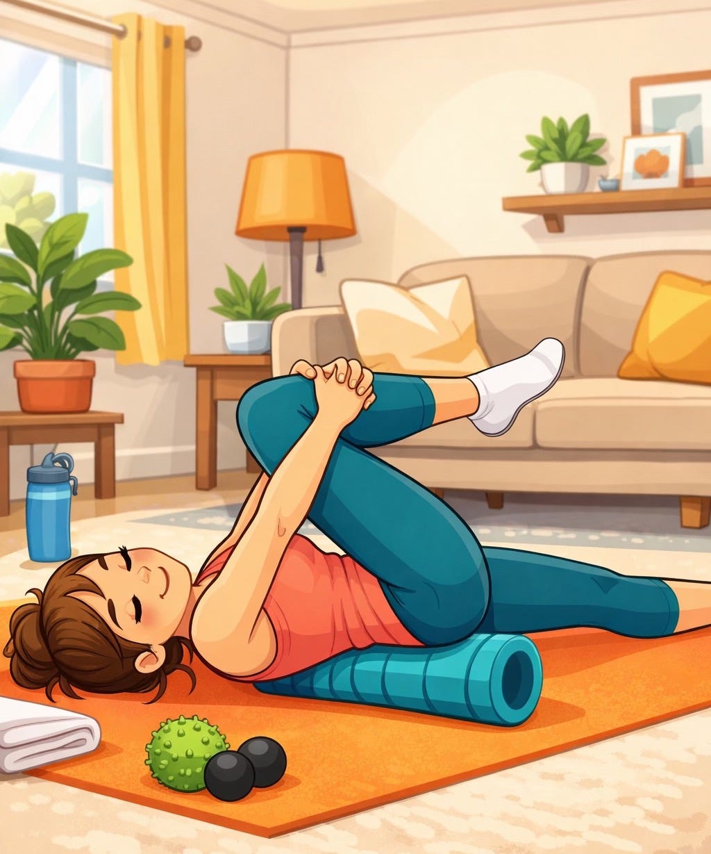a cartoon woman foam rolling