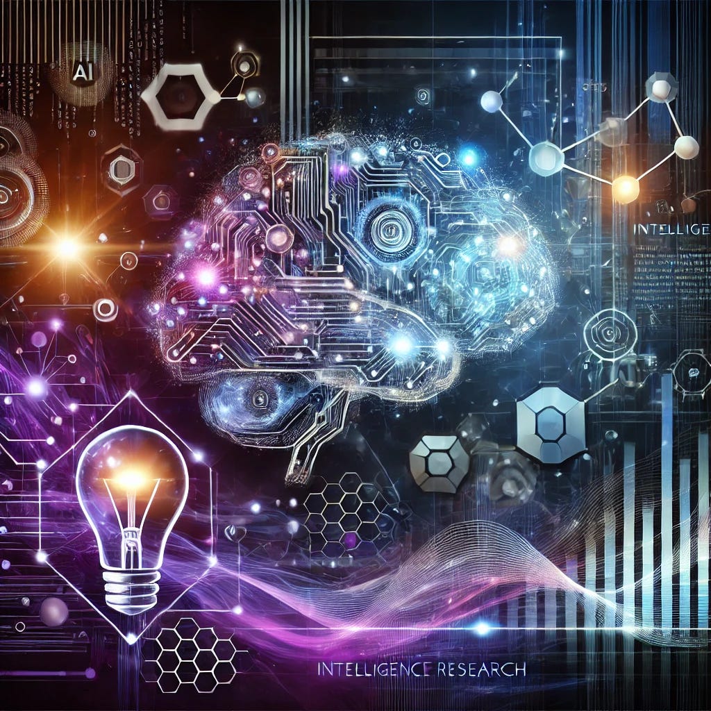 A dynamic and futuristic blog cover image that blends the themes of AI research and intelligence research. The image should feature abstract, glowing neural network patterns, data streams, and high-tech elements, symbolizing AI and digital intelligence. In the background, incorporate subtle, stylized symbols of intelligence research like interconnected nodes, graphs, or a lightbulb representing ideas. The color scheme should include deep blues, electric purple, and cyber-inspired hues, evoking a modern and tech-savvy atmosphere.