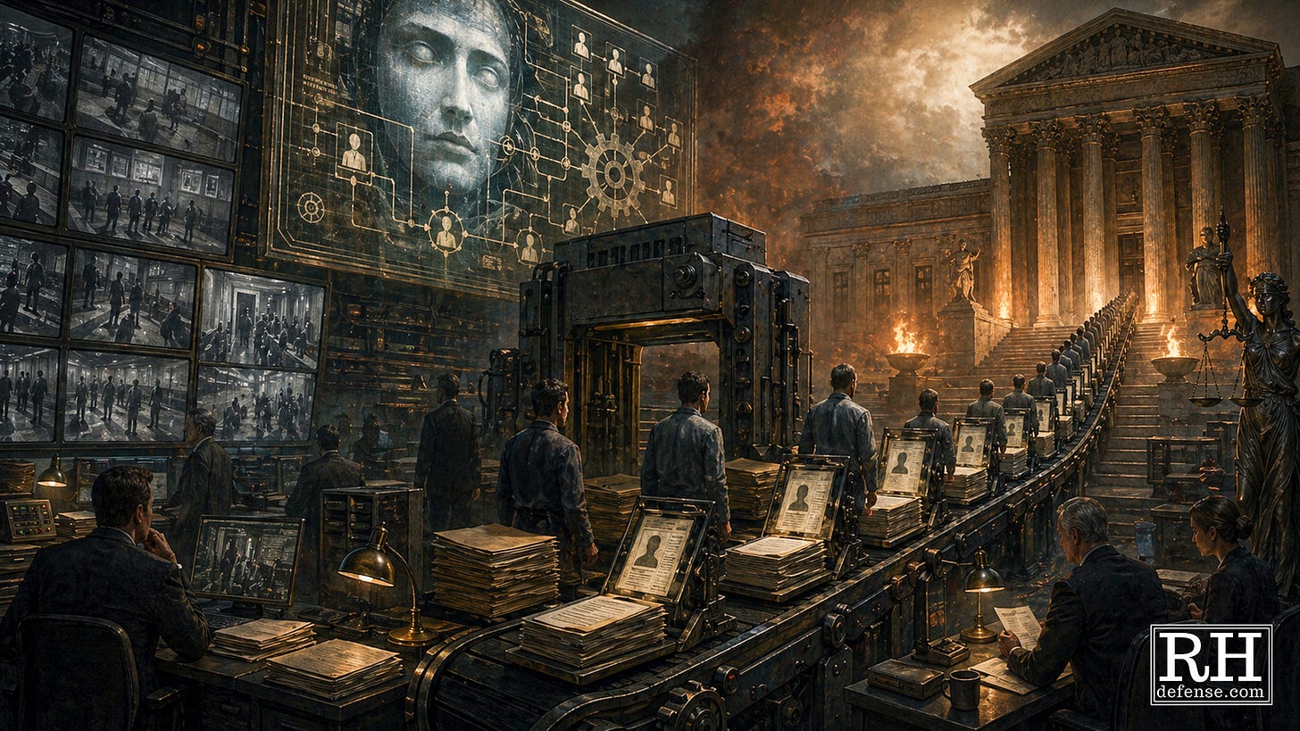 A dark conveyor belt carries defendants, case files, and surveillance data toward a courthouse while an automated system watches over the process.