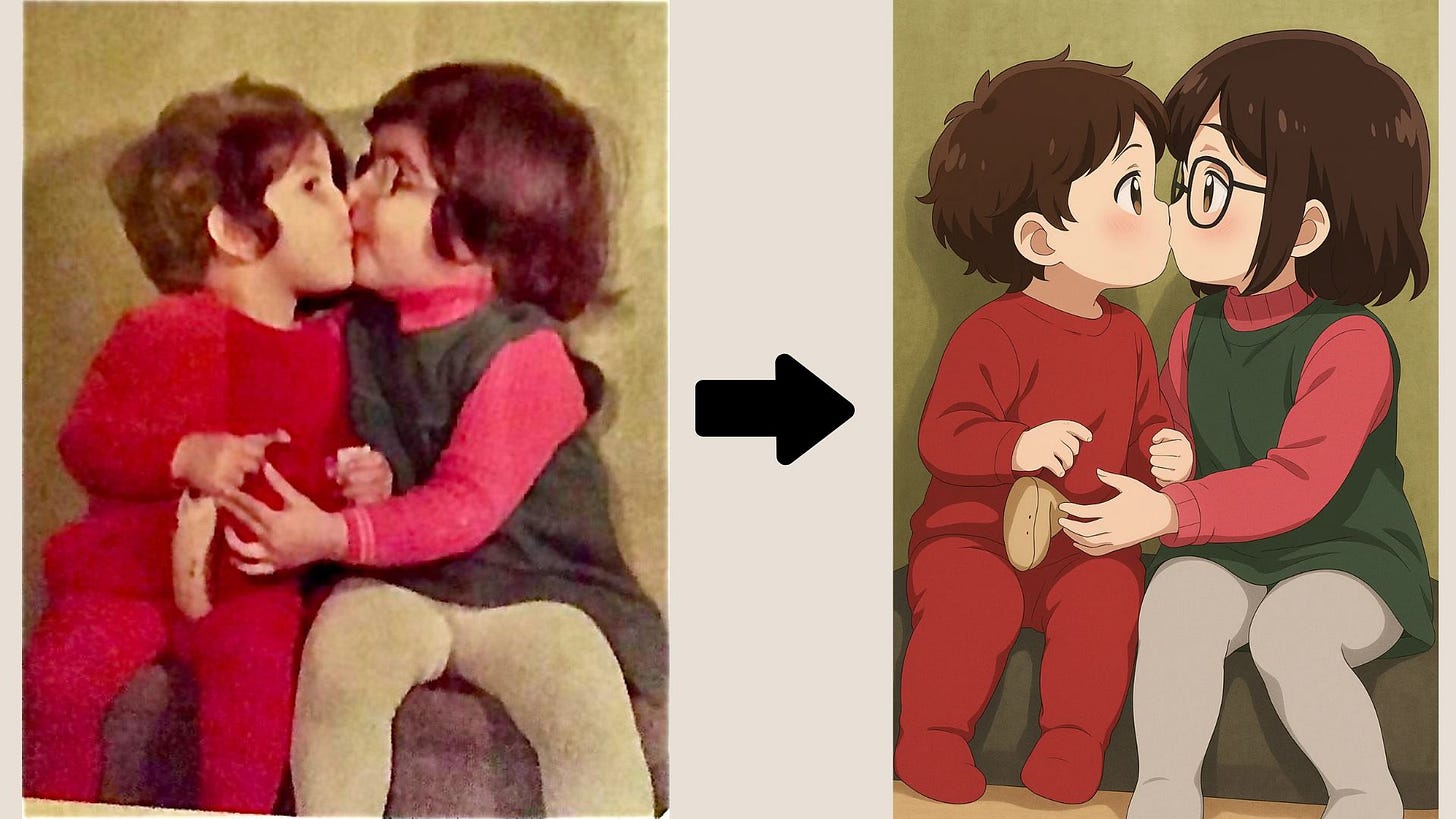 Side-by-side transformation of an old childhood photo into an anime-style illustration using ChatGPT’s GPT-4o. Two children sharing a kiss are accurately recreated in cartoon form, preserving clothing, pose, and emotional tone.