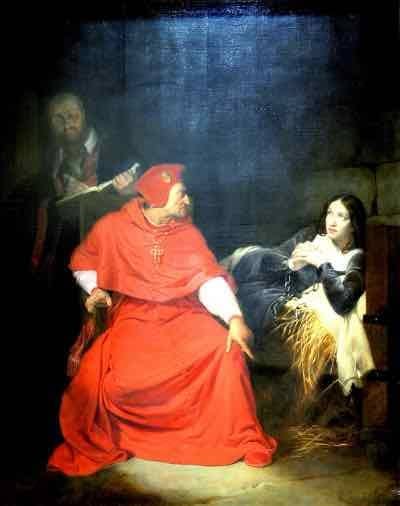 Joan of Arc, ill, is interrogated in her prison by the Cardinal of Winchester, 1431