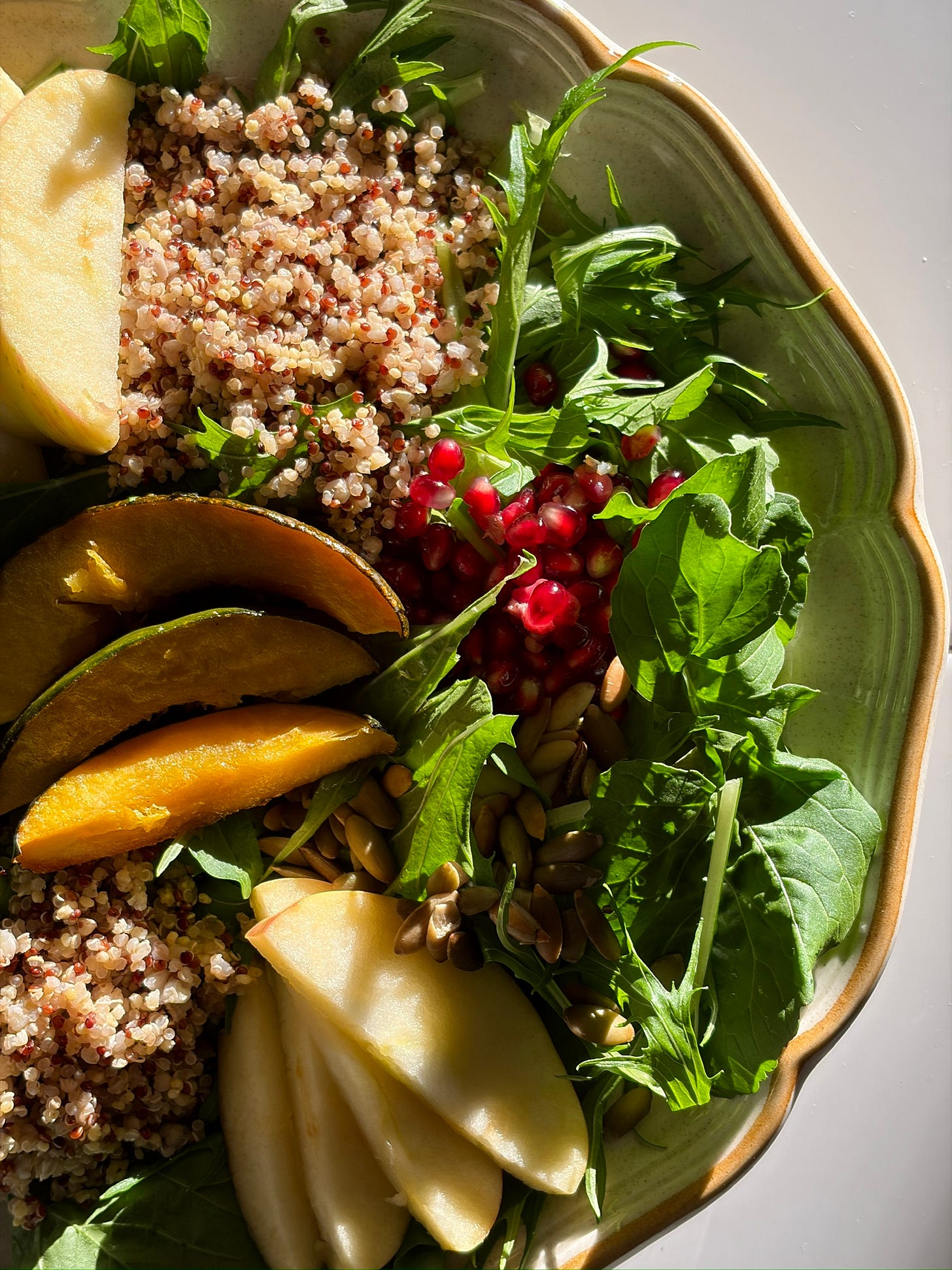 A vibrant fall harvest salad featuring roasted acorn squash slices drizzled with olive oil and maple syrup, served over mixed greens with cooked quinoa, sliced Honeycrisp apples, pomegranate arils, and toasted pumpkin seeds. A vibrant fall harvest salad featuring roasted acorn squash slices drizzled with olive oil and maple syrup, served over mixed greens with cooked quinoa, sliced Honeycrisp apples, pomegranate arils, and toasted pumpkin seeds.