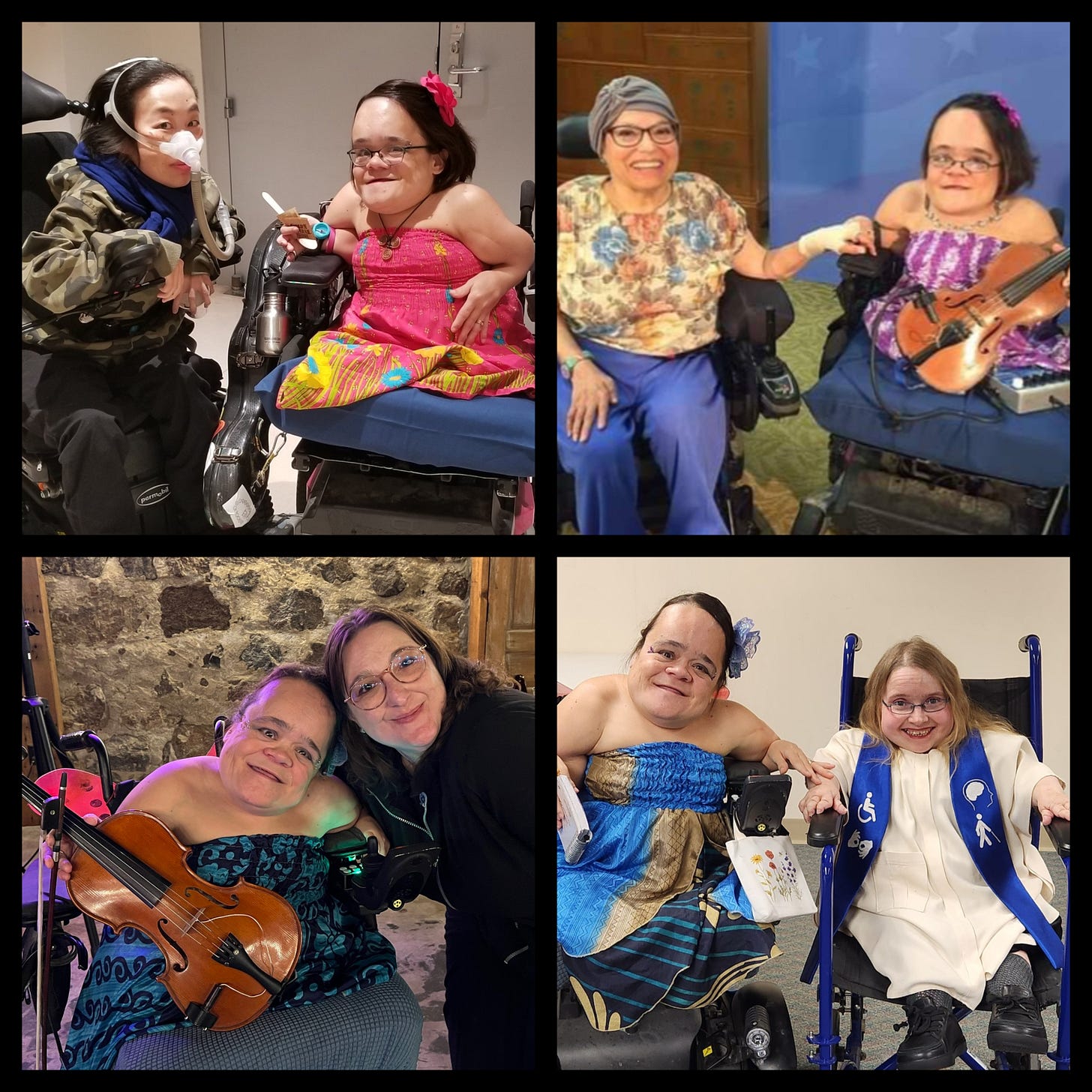 A four photo collage. Top left: Gaelynn Lea is smiling with the late disability activist Alice Wong at their first meeting in San Francisco back in 2018. They are both seated in their electric wheelchairs. Top right: Gaelynn is smiling with the late disability activist Judy Heumann at their first meeting in Washington, DC back in 2017. They are both seated in their electric wheelchairs, and Gaelynn holding her violin in her chair. Bottom left: Gaelynn Lea is smiling with the disabled singer-songwriter Amy Abts at their show together last weekend. Amy is standing next to Gaelynnâs wheelchair, and Gaelynn holding her violin in her chair. Bottom right: Gaelynn Lea is smiling with the disabled pastor, Laura Cannata, after speaking and playing at Lauraâs church last weekend. Laura is wearing a white ministerâs robe and has a blue sash around her next with disability symbols. A four photo collage. Top left: Gaelynn Lea is smiling with the late disability activist Alice Wong at their first meeting in San Francisco back in 2018. They are both seated in their electric wheelchairs. Top right: Gaelynn is smiling with the late disability activist Judy Heumann at their first meeting in Washington, DC back in 2017. They are both seated in their electric wheelchairs, and Gaelynn holding her violin in her chair. Bottom left: Gaelynn Lea is smiling with the disabled singer-songwriter Amy Abts at their show together last weekend. Amy is standing next to Gaelynnâs wheelchair, and Gaelynn holding her violin in her chair. Bottom right: Gaelynn Lea is smiling with the disabled pastor, Laura Cannata, after speaking and playing at Lauraâs church last weekend. Laura is wearing a white ministerâs robe and has a blue sash around her next with disability symbols.