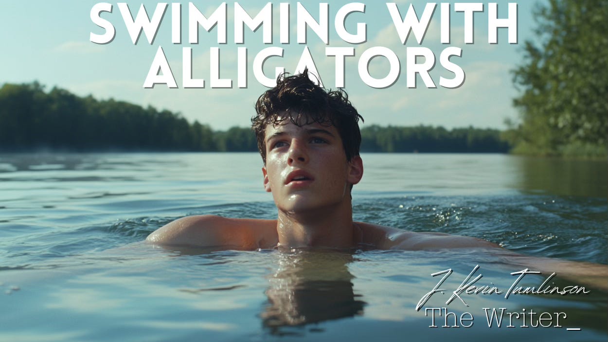 A young man struggles to stay afloat in the middle of a lake.