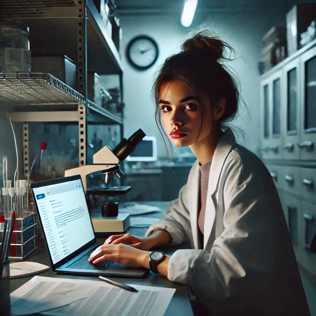 A young female PhD student working late at night in a dimly lit lab. She looks exhausted, with messy hair tied in a loose bun, wearing a lab coat over casual clothes. Her desk is cluttered with scientific equipment, papers, and a laptop displaying an email with a demanding subject line. The room has an industrial feel with shelves of lab supplies, faint fluorescent lighting, and a clock on the wall showing it’s past midnight. The atmosphere is tense and draining, emphasizing overwork and exhaustion.