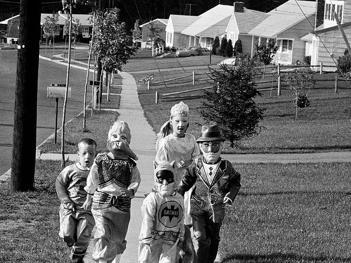 Peanuts comic strip from 1951 and a photo of kids in costumes in 1966.