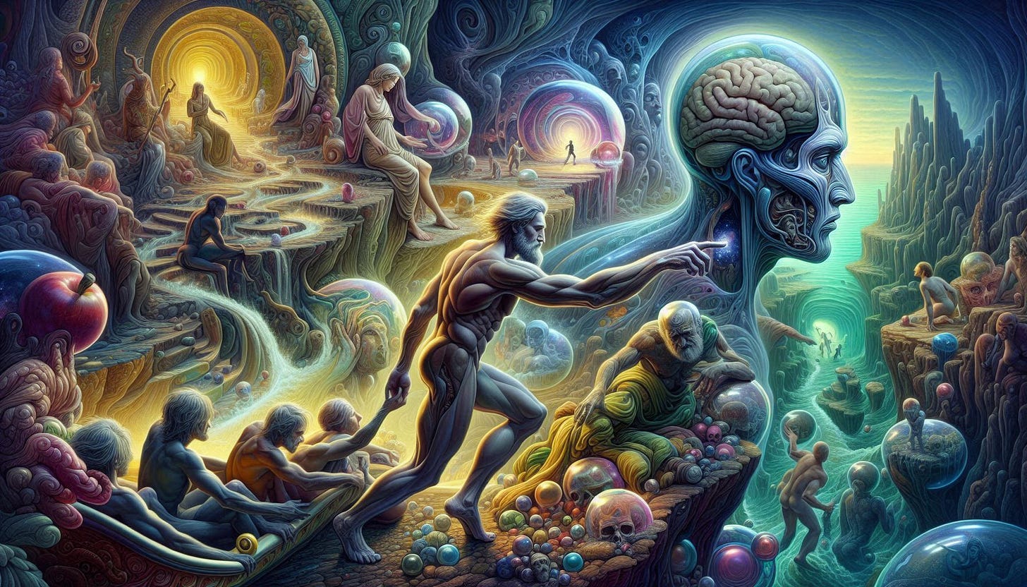 Humanity's heroic journey into the underworld of its unconscious psyche in the style of sublime. Image 4 of 4