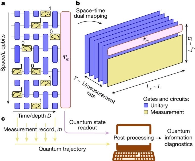Fig. 1: Monitored circuits and space–time duality mapping. a, A random (1 + 1)-dimensional monitored quantum circuit composed of both unitary gates and measurements. b, An equivalent dual (1 + 1)-dimensional shallow circuit of size Lx × Ly and depth T with all measurements at the final time formed from a space–time duality mapping of the circuit in a. Because of the non-unitarity nature of measurements, there is freedom as to which dimensions are viewed as ‘time’ and which as ‘space’. In this example, Ly is set by the (1 + 1)D circuit depth and Lx by its spatial size, and T is set by the measurement rate. c, Classical post-processing on a computer of the measurement record (quantum trajectory), and quantum-state readout of a monitored circuit can be used to diagnose the underlying information structures in the system.