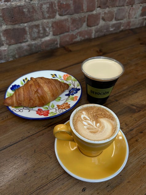 left: coffee from Devocion; right: my favorite breakfast toast combo right now; right: 12 Matcha!!!
