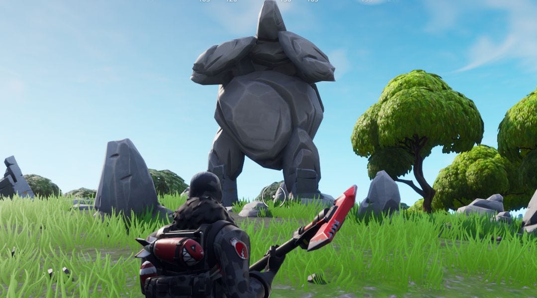 Fortnite: Search Between A Giant Rock Man, Crowned Tomato, and Encircled  Tree