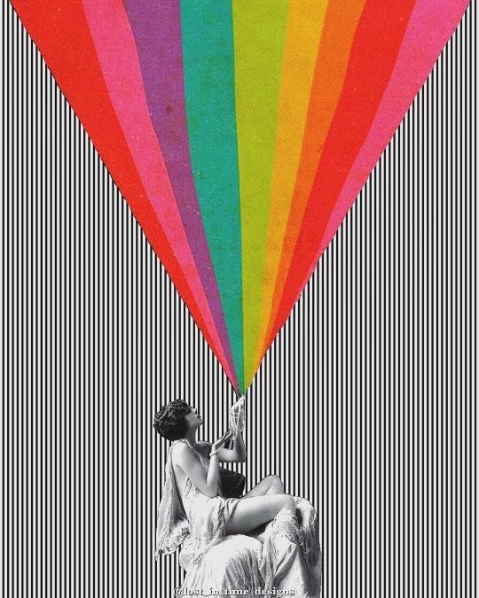 A surreal pop-art collage set against a background of dense, vertical black and white stripes. In the lower-center, a vintage black-and-white cutout photo shows a woman in a fringed dress reclining back in a chair. Erupting from her hands up to the top edge of the frame is a wide, inverted triangle shape filled with bright, solid rainbow stripes of red, pink, purple, teal, green, yellow, and orange.