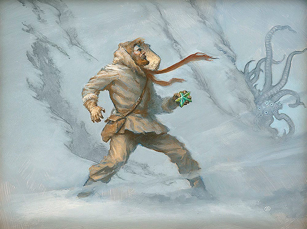 Captured in profile against snowy mountains, an arctic explorer holds a green star in hand as his scarf whips in the wind in front of him. A tentacled demon emerges from behind cover of the rock face.