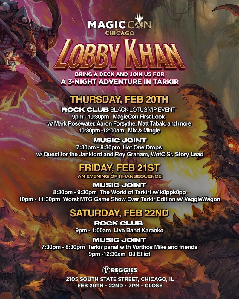A warrior stabs down at a dragon with its maw opened wide to blast fire. Over the top of the image reads: "Magic Con Chicago Lobby Khan! Bring a deck and join us for a 3 night adventure in Tarkir!"
