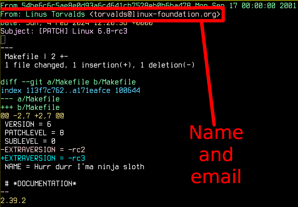 A screen capture of a Git patch file from the Linux repository showing the `From` field, which includes name and email