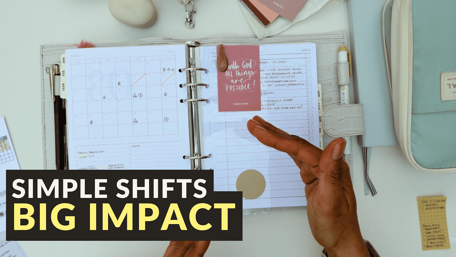Simple Shifts - Big Impact. Img: a flatlay view of Chloe's planner open on her desk surrounded by stationery items Simple Shifts - Big Impact. Img: a flatlay view of Chloe's planner open on her desk surrounded by stationery items