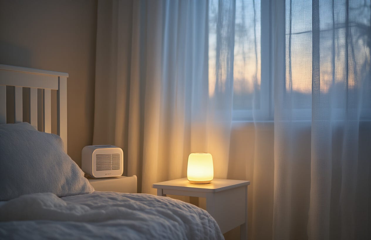 Create a realistic image of a peaceful nursery with dim, warm lighting from a small nightlight casting gentle shadows, featuring a white noise machine on a bedside table, light-filtering curtains partially drawn over a window, and a baby monitor positioned nearby, all creating a serene, sleep-friendly atmosphere with soft pastel colors. Create a realistic image of a peaceful nursery with dim, warm lighting from a small nightlight casting gentle shadows, featuring a white noise machine on a bedside table, light-filtering curtains partially drawn over a window, and a baby monitor positioned nearby, all creating a serene, sleep-friendly atmosphere with soft pastel colors.