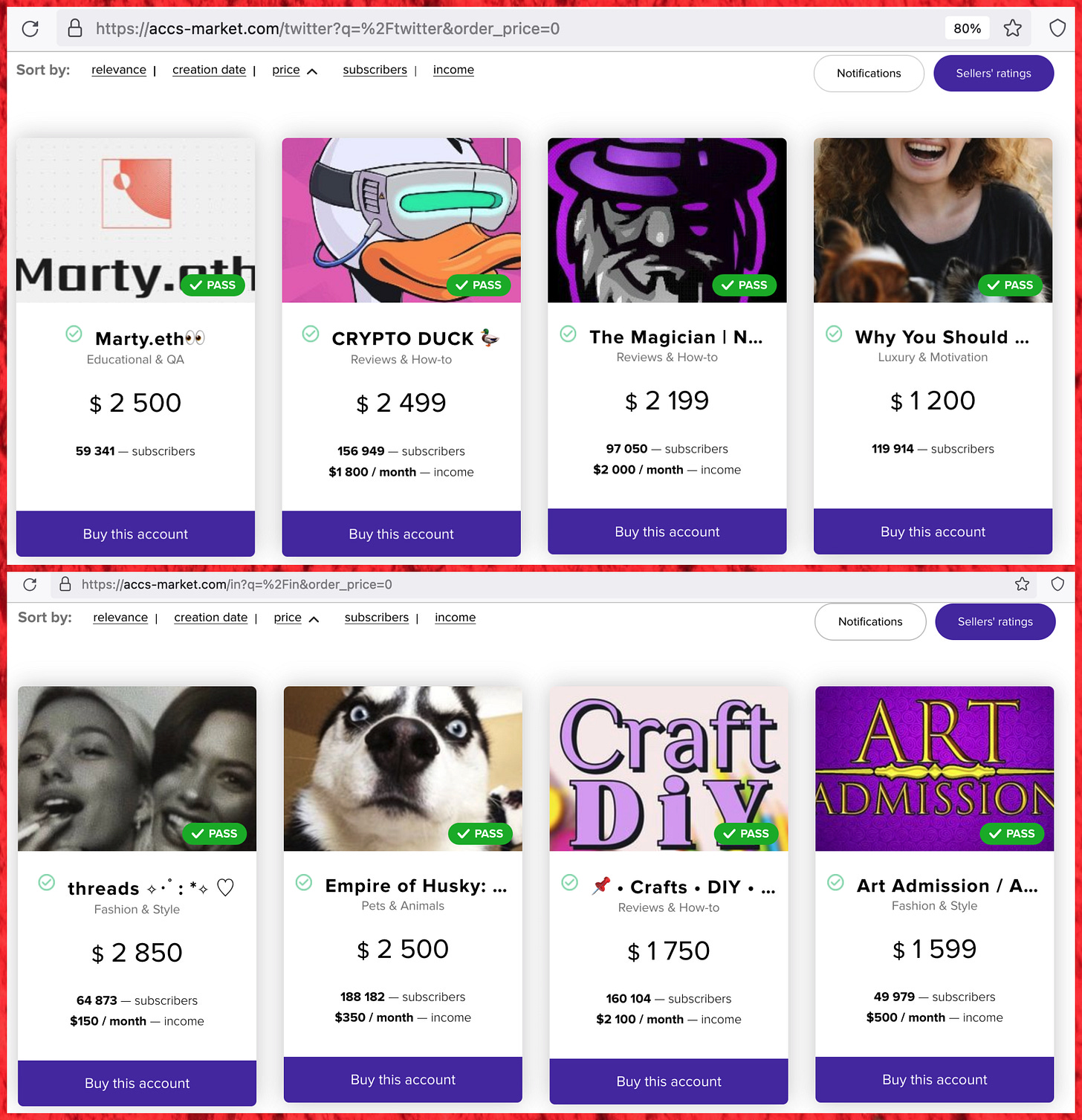screenshots of accs-market.com listings of Twitter and Instagram accounts for sale