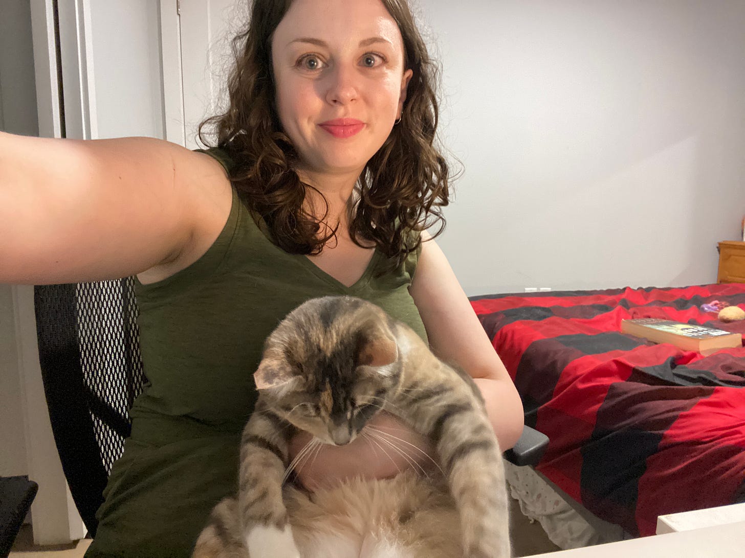 Picture of the author holding a small grey cat, who's trying to attack a cord.