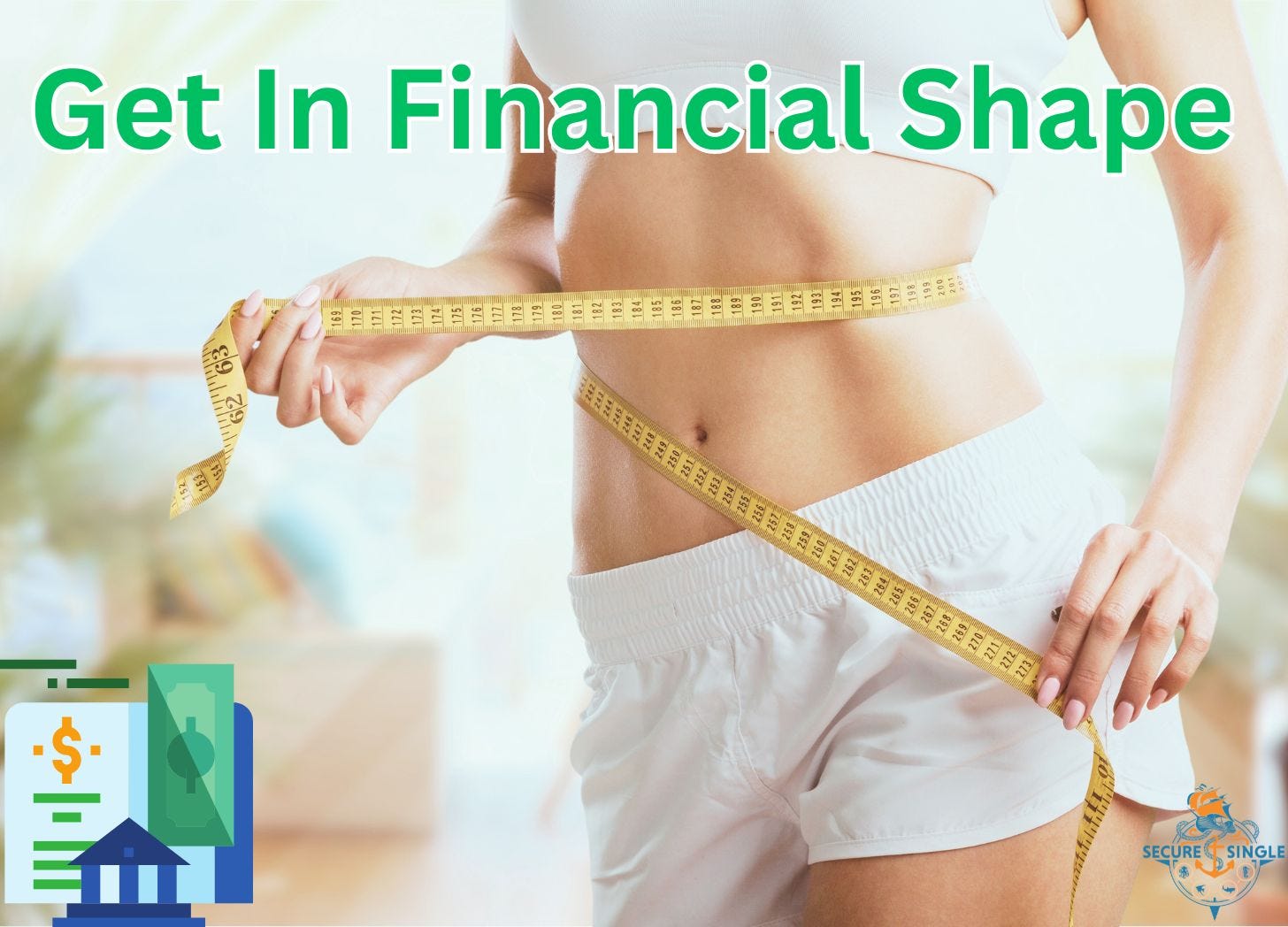 A woman is measuring her waist with a tape measure. The message “get in financial shape” on the image A woman is measuring her waist with a tape measure. The message “get in financial shape” on the image