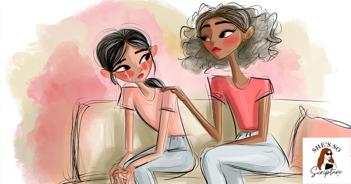 A whimsical ink and watercolor illustration of two women seated close together, one tearful and the other leaning in with gentle eyes and a comforting hand, rendered in warm candlelight against blush pink and cream tones. A whimsical ink and watercolor illustration of two women seated close together, one tearful and the other leaning in with gentle eyes and a comforting hand, rendered in warm candlelight against blush pink and cream tones.