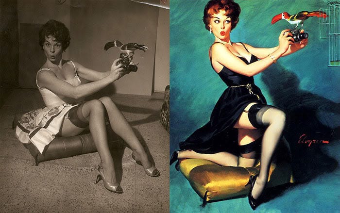 Witness the 'before and after the brush' evolution, revealing the real woman behind Gil Elvgren's iconic pin-up. His distinctive style elevated her playful pose into a vibrant, captivating masterpiece. Witness the 'before and after the brush' evolution, revealing the real woman behind Gil Elvgren's iconic pin-up. His distinctive style elevated her playful pose into a vibrant, captivating masterpiece.