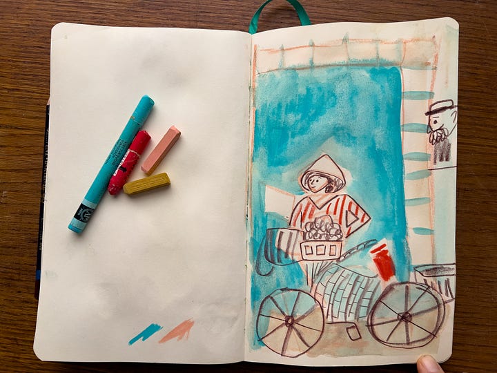 illustrations of women, a carousel and a landscape by Beth Spencer